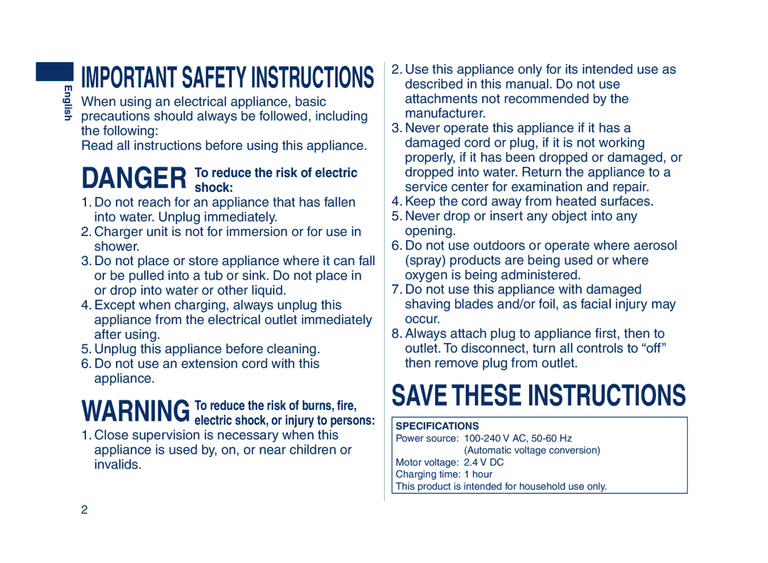 Panasonic ES7109 operating instructions Important Safety Instructions 