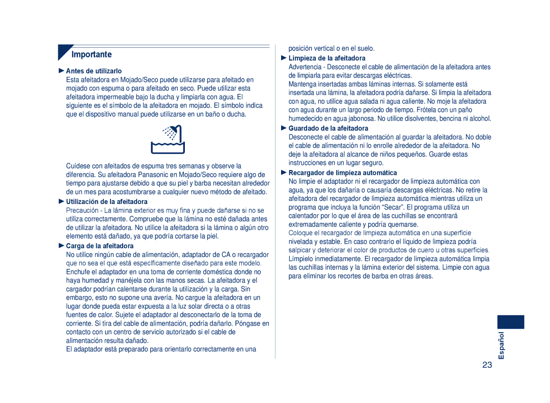 Panasonic ES7109 operating instructions Importante 