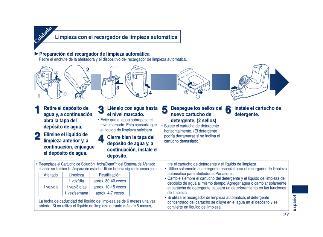 Panasonic ES7109 Limpieza con el recargador de limpieza automática, 1Preparación del recargador de limpieza automática 