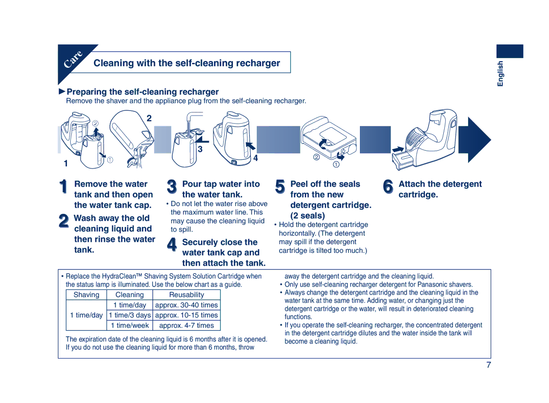 Panasonic ES7109 operating instructions Cleaning with the self-cleaning recharger, 1Preparing the self-cleaning recharger 