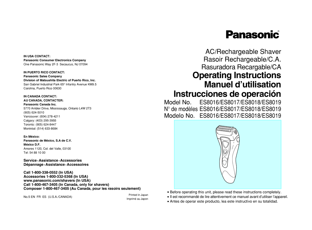 Panasonic ES8016, ES8019, ES8018 operating instructions USA Contact 