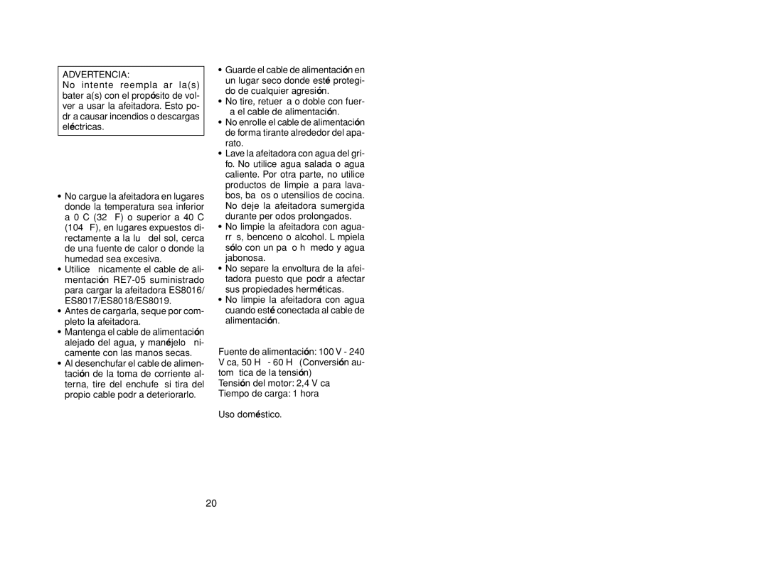 Panasonic ES8018, ES8019 Características técnicas, Advertencia, Antes de cargarla, seque por com- pleto la afeitadora 