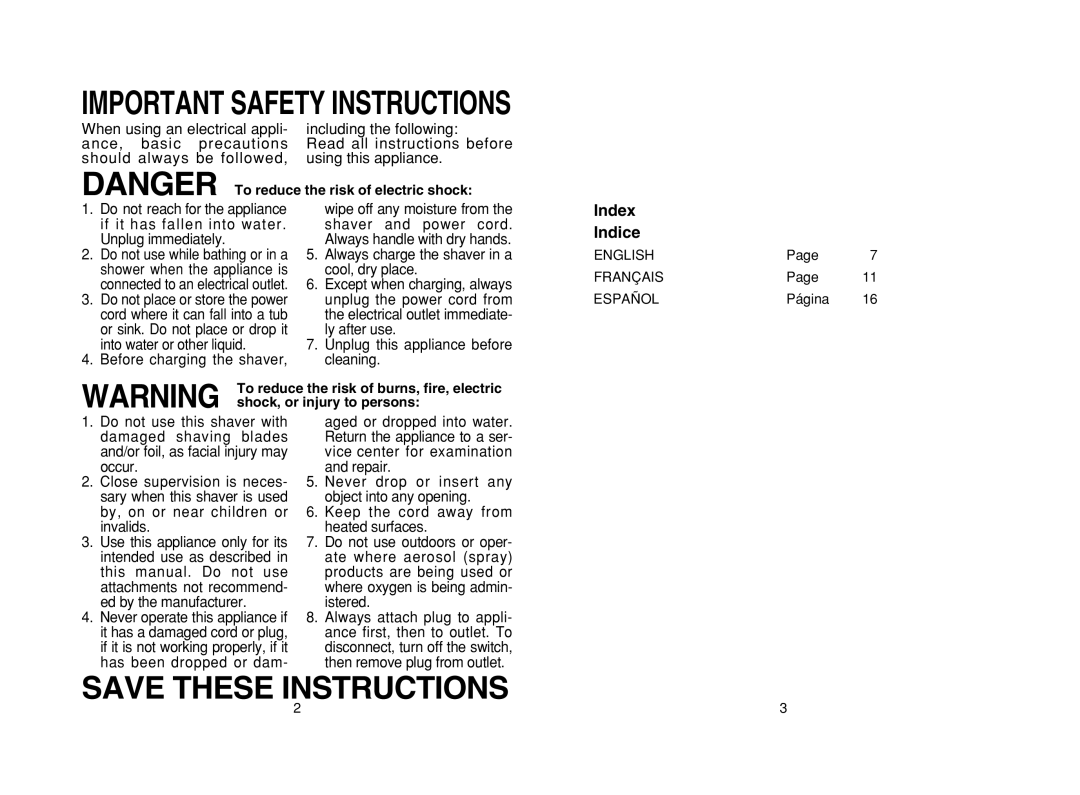 Panasonic ES8018, ES8019, ES8016 Index Indice, English Français Español, Página, Shock, or injury to persons 