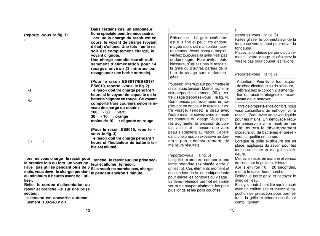 Panasonic ES8016, ES8019, ES8018 Nomenclature, Charge et rasage sans fil, Rasage avec fil, Utilisation du rasoir, Nettoyage 