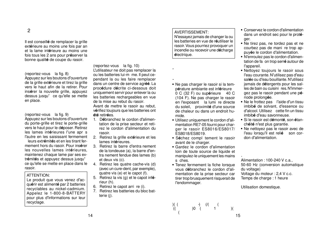 Panasonic ES8018, ES8019 Remplacement de la tête de rasage, Caractéristiques, Remplacement de la grille exté- rieure 