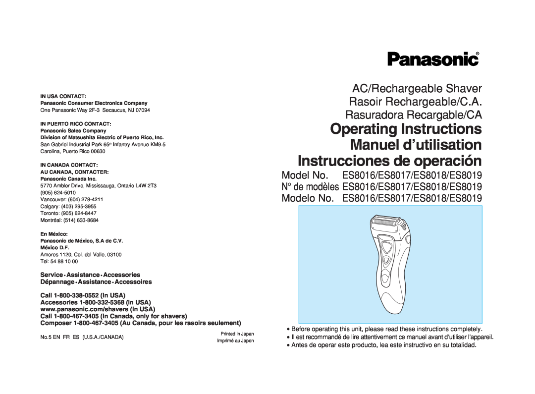 Panasonic ES8016, ES8019 operating instructions AC/Rechargeable Shaver Rasoir Rechargeable/C.A, Rasuradora Recargable/CA 