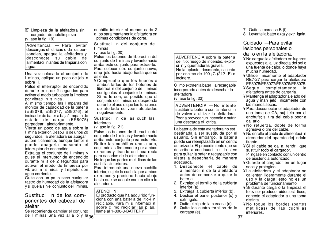 Panasonic ES8075 N, ES8078 Sustitución de los com- ponentes del cabezal de afeitar, Sustitución del conjunto de láminas 