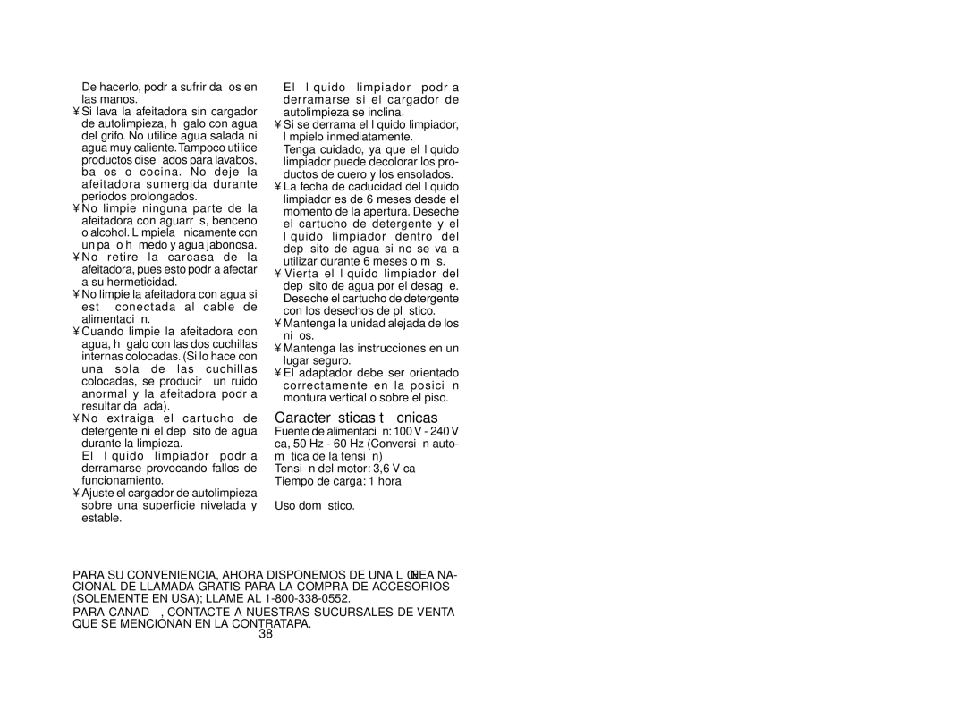 Panasonic ES8078, ES8075 N operating instructions Características técnicas 