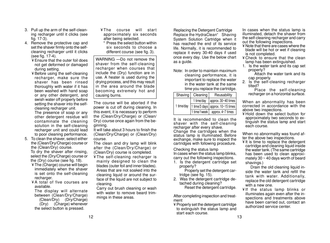 Panasonic ES8075 N, ES8078 Checking the status lamp, → Dry → Charge whenever the select button is pressed, Reusability 