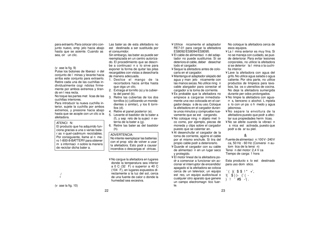 Panasonic ES8090, ES8095, ES8094 Características técnicas, Cuidado, Sustitución de las cuchillas interiores 