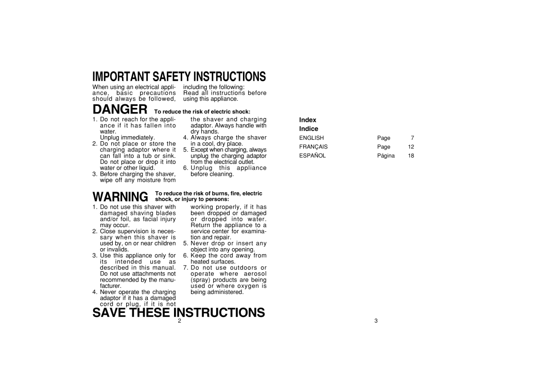 Panasonic ES8094, ES8090, ES8095 operating instructions Important Safety Instructions, Index Indice 