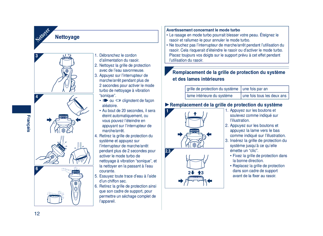 Panasonic ES8101 Nettoyage, Remplacement de la grille de protection du système, Avertissement concernant le mode turbo 