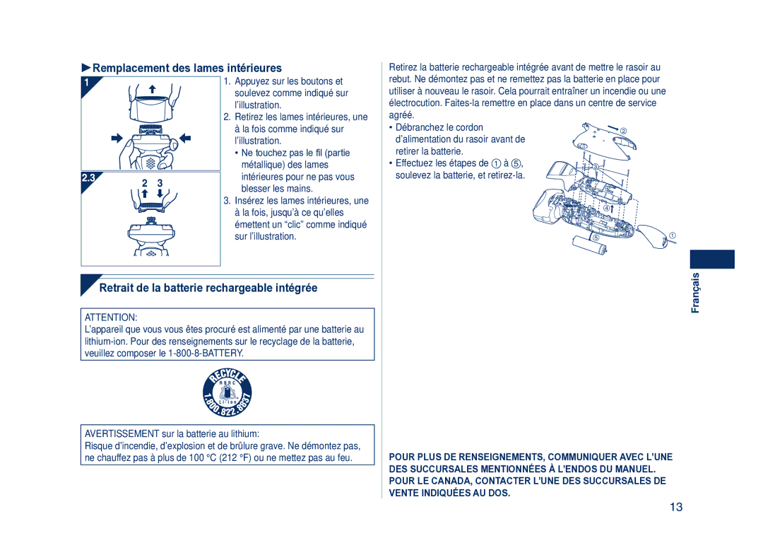 Panasonic ES8101 operating instructions Remplacement des lames intérieures, Retrait de la batterie rechargeable intégrée 