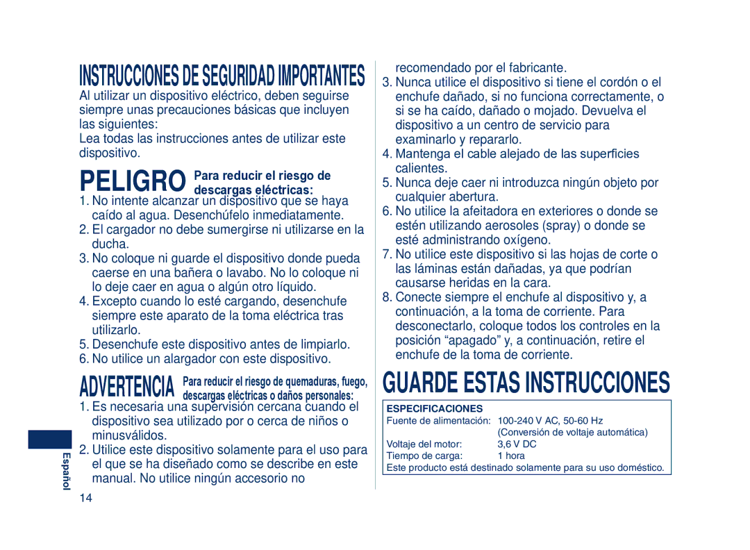 Panasonic ES8101 Instruccionesdeseguridadimportantes, Peligro Para reducir el riesgo de descargas eléctricas 