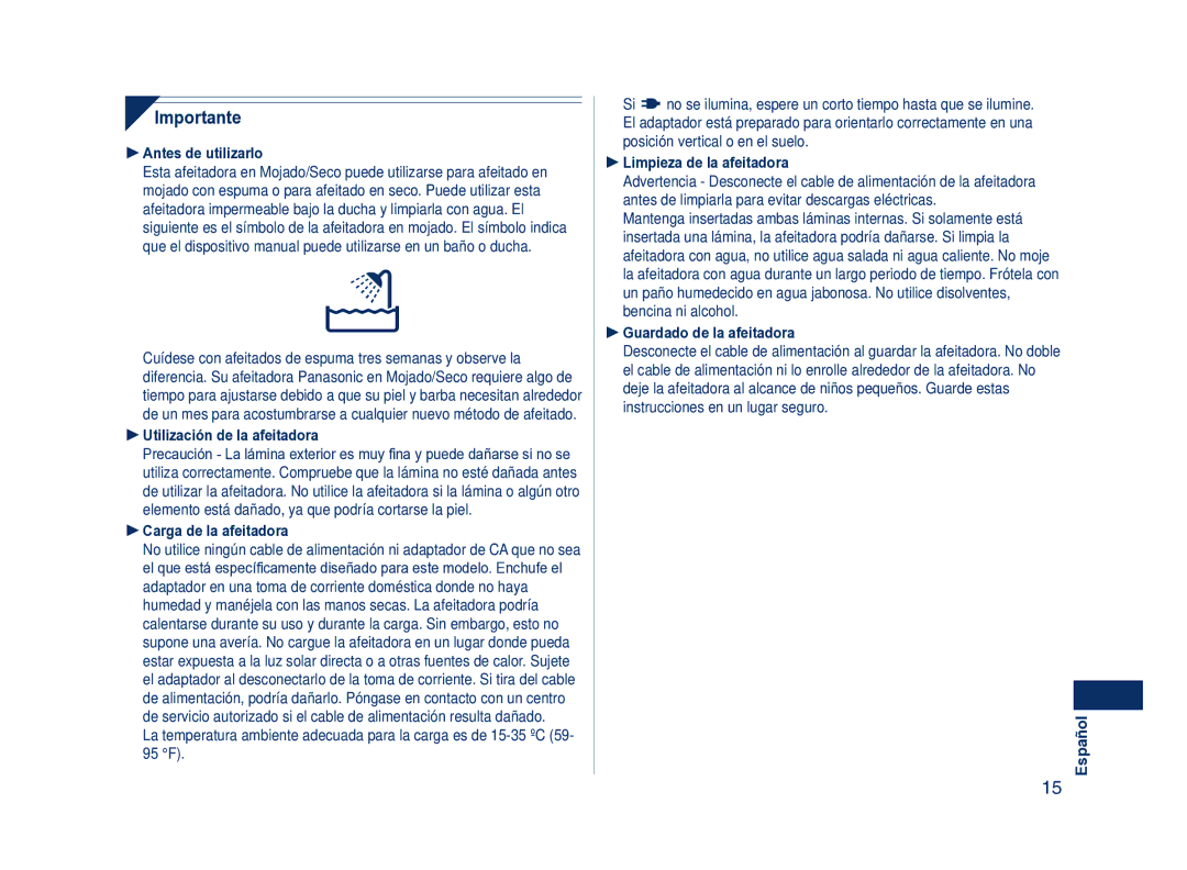 Panasonic ES8101 operating instructions Importante 