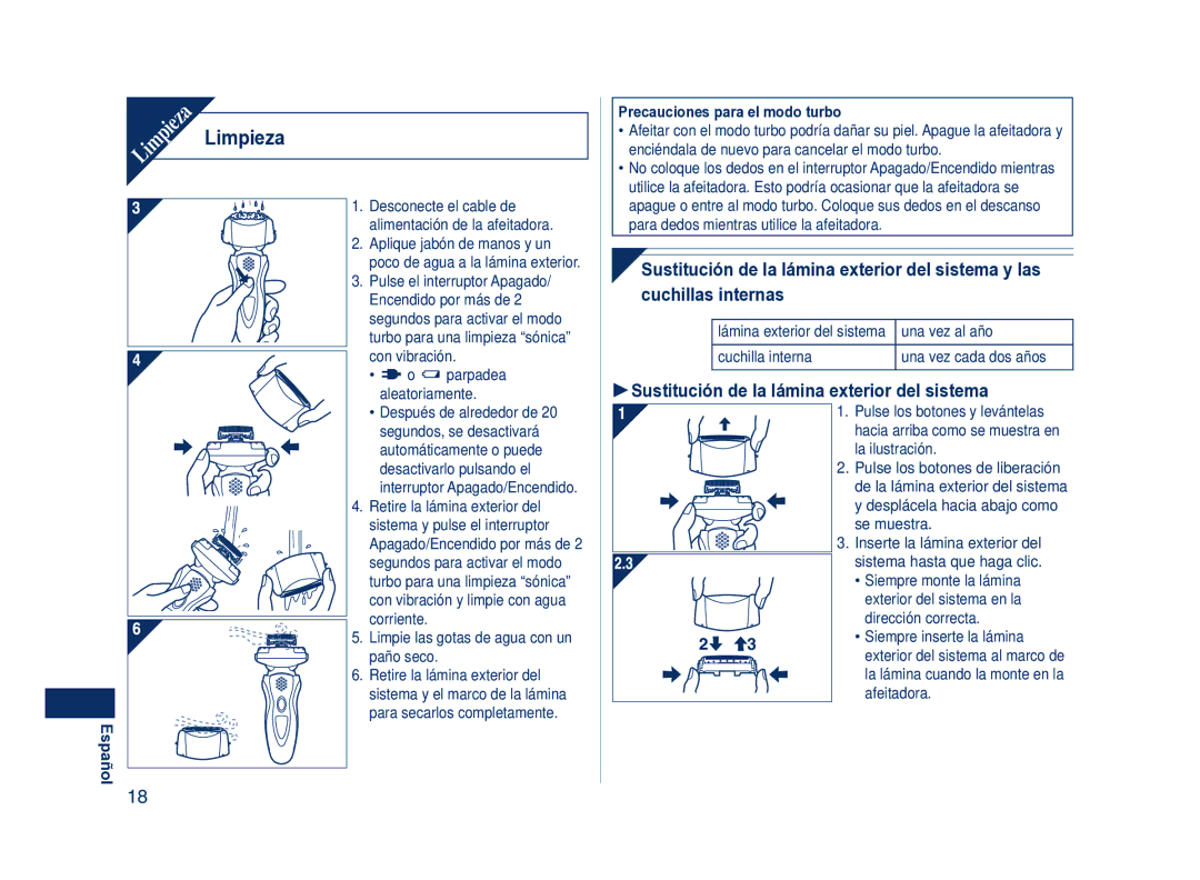 Panasonic ES8101 Limpieza, Sustitución de la lámina exterior del sistema, Precauciones para el modo turbo 