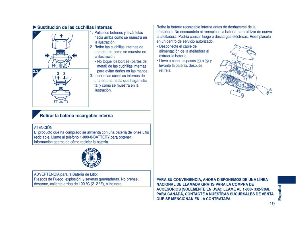 Panasonic ES8101 Sustitución de las cuchillas internas, Retirar la batería recargable interna, Ilustración 