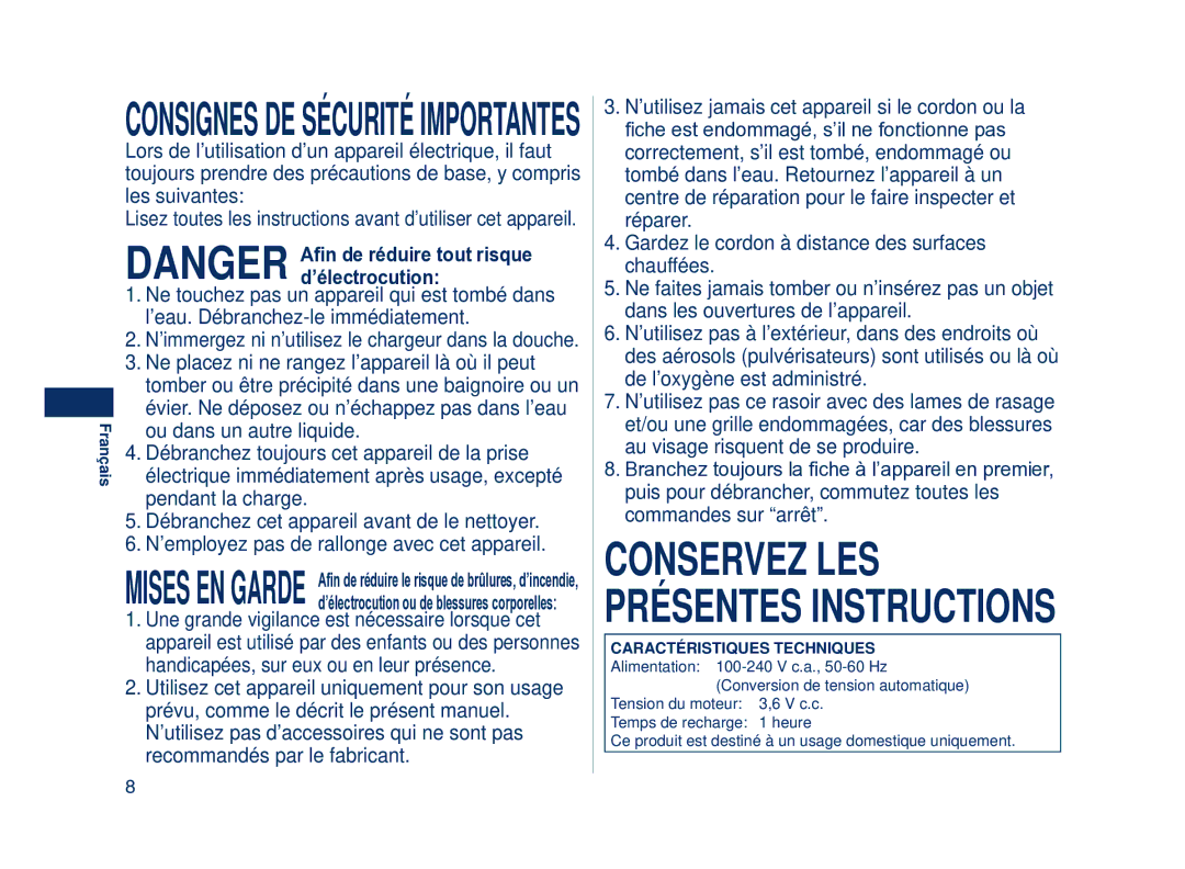 Panasonic ES8101 operating instructions Consignes DE Sécurité Importantes, Français 