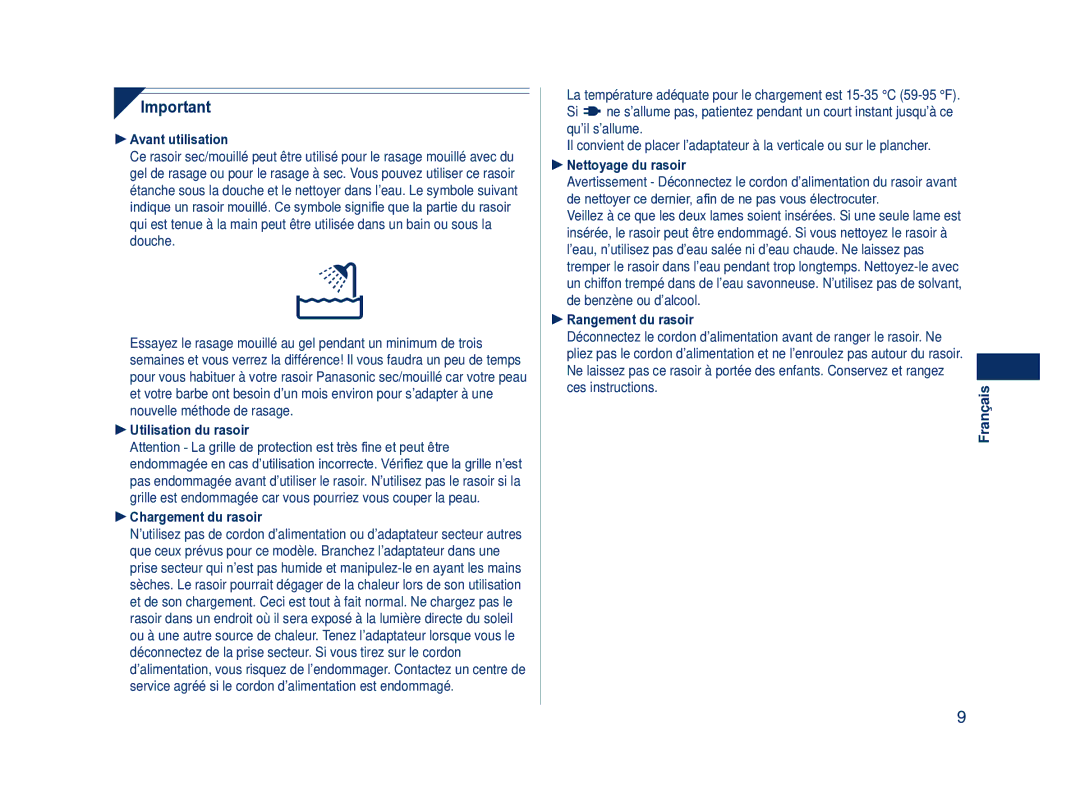 Panasonic ES8101  Avant utilisation,  Utilisation du rasoir  Chargement du rasoir, Nettoyage du rasoir 