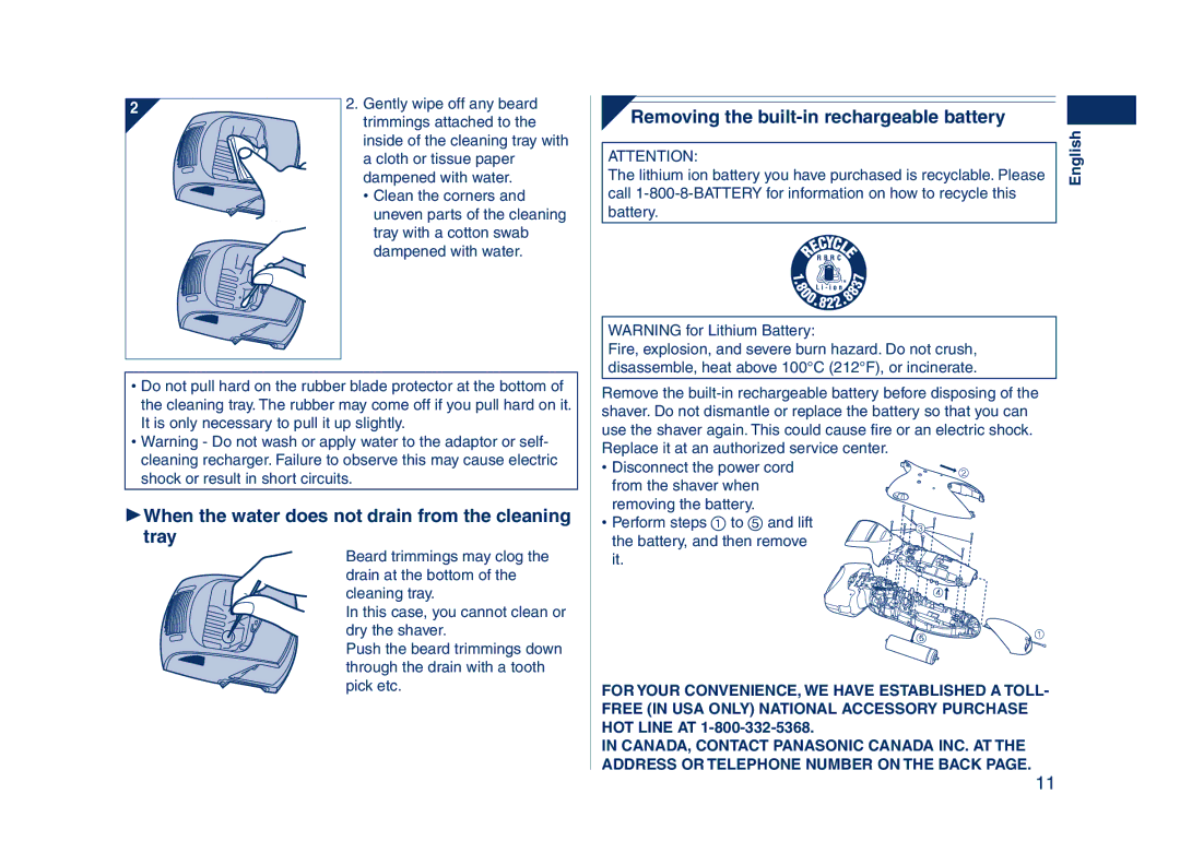 Panasonic ES8109 1When the water does not drain from the cleaning tray, Removing the built-in rechargeable battery 