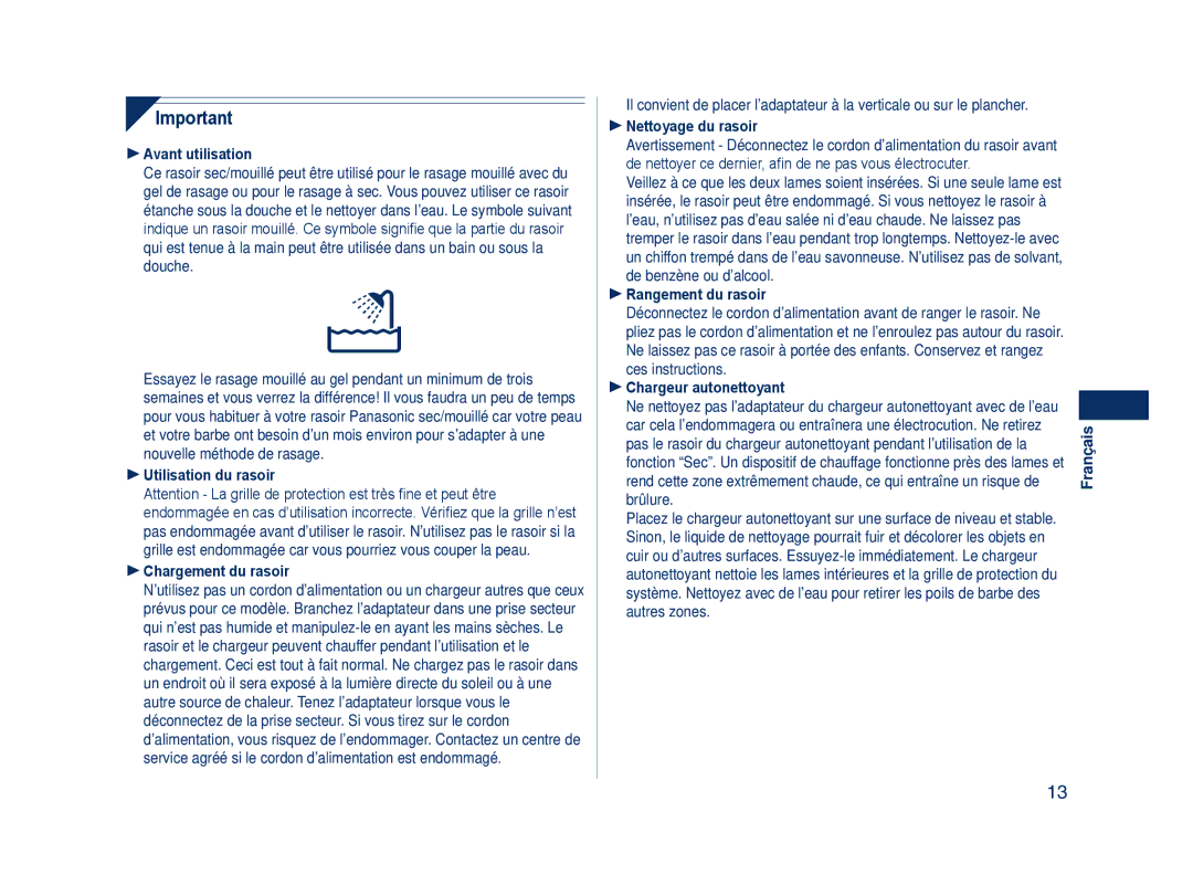 Panasonic ES8109 Avant utilisation, Utilisation du rasoir Chargement du rasoir, Nettoyage du rasoir, Rangement du rasoir 