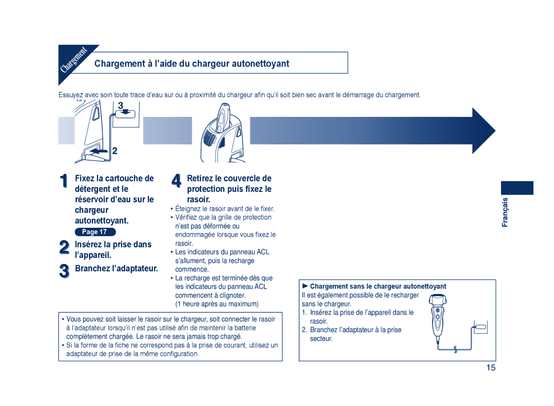 Panasonic ES8109 operating instructions Chargement à l’aide du chargeur autonettoyant, Heure après au maximum 