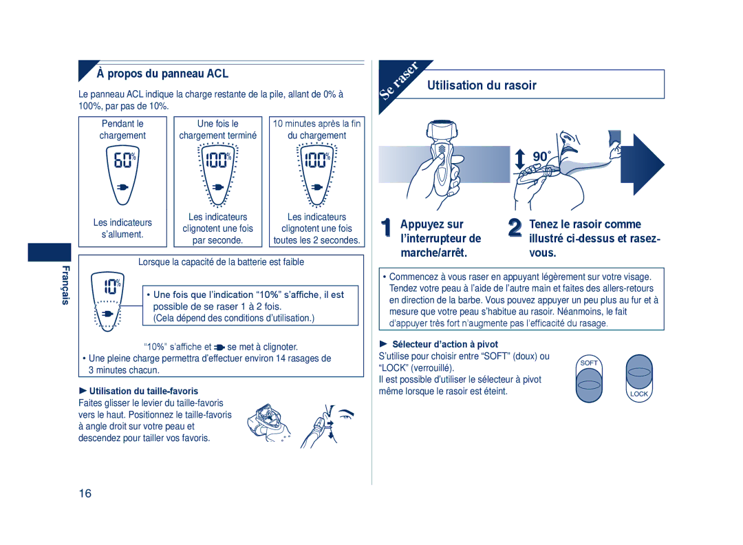 Panasonic ES8109 Utilisation du rasoir 90˚, Propos du panneau ACL, Appuyez sur Tenez le rasoir comme ’interrupteur de 