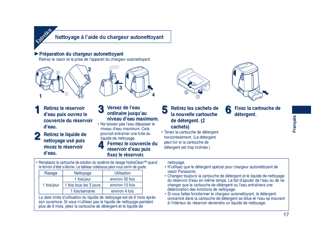 Panasonic ES8109 operating instructions Nettoyage à l’aide du chargeur autonettoyant 