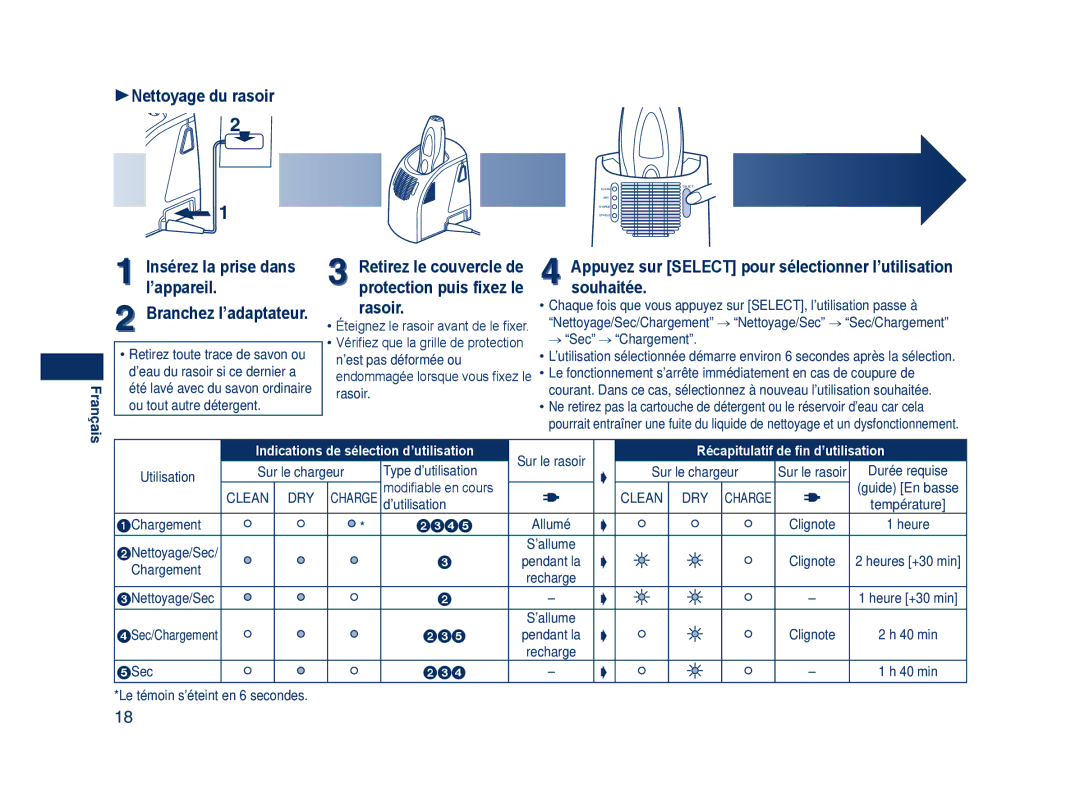 Panasonic ES8109 operating instructions 1Nettoyage du rasoir, Insérez la prise dans l’appareil Branchez l’adaptateur 