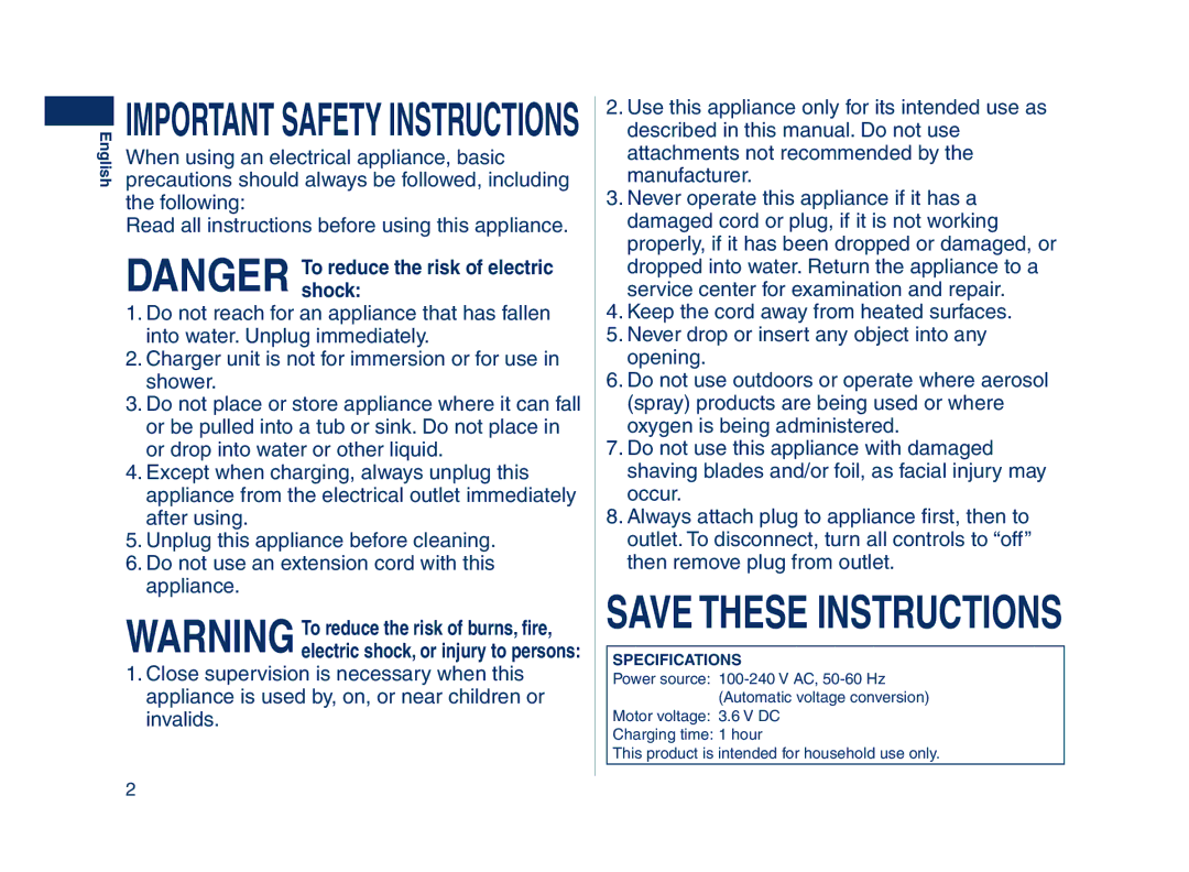 Panasonic ES8109 operating instructions Important Safety Instructions 