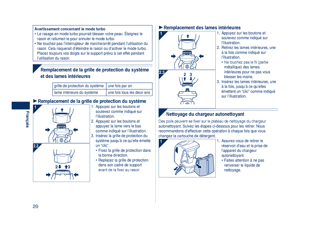 Panasonic ES8109 Avertissement concernant le mode turbo, 1Remplacement de la grille de protection du système 