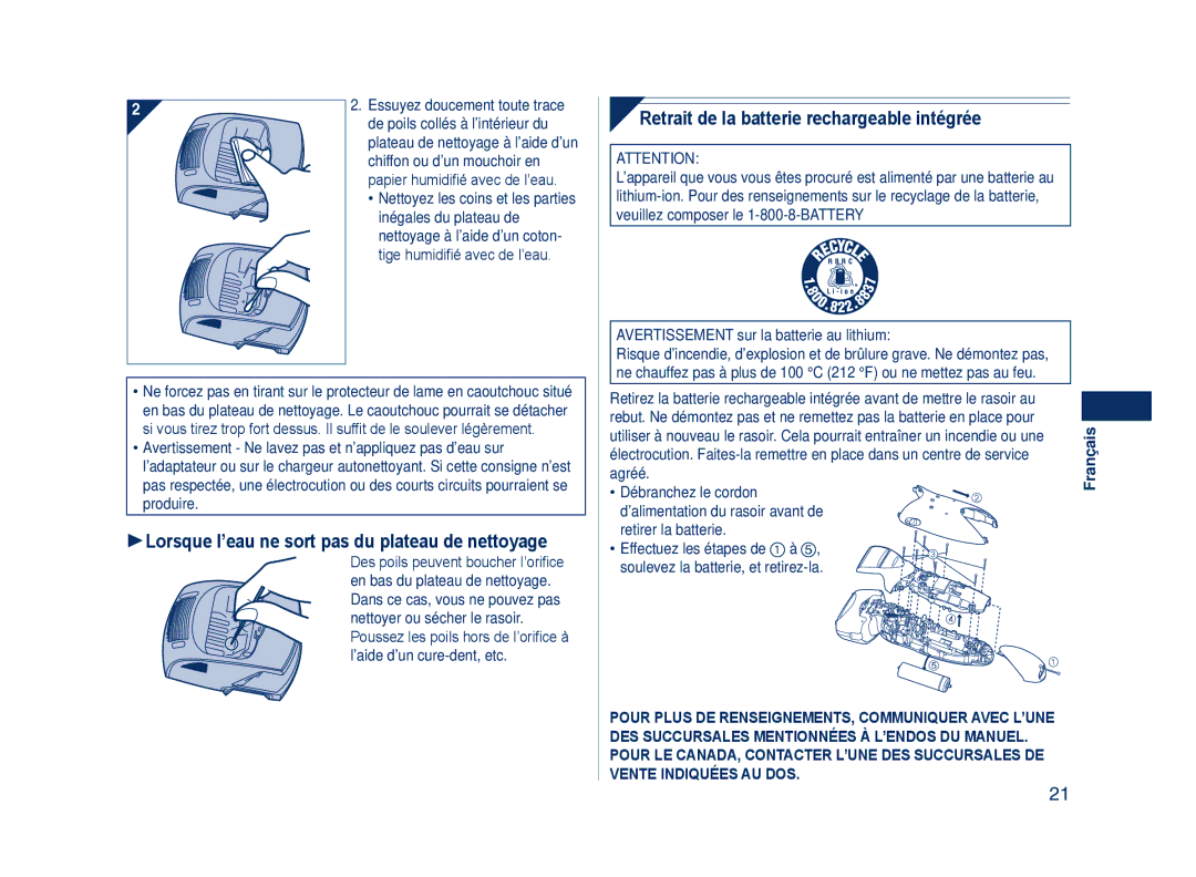 Panasonic ES8109 1Lorsque l’eau ne sort pas du plateau de nettoyage, Retrait de la batterie rechargeable intégrée 