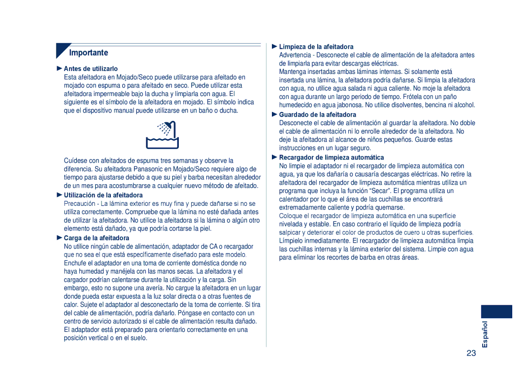 Panasonic ES8109 operating instructions Importante 