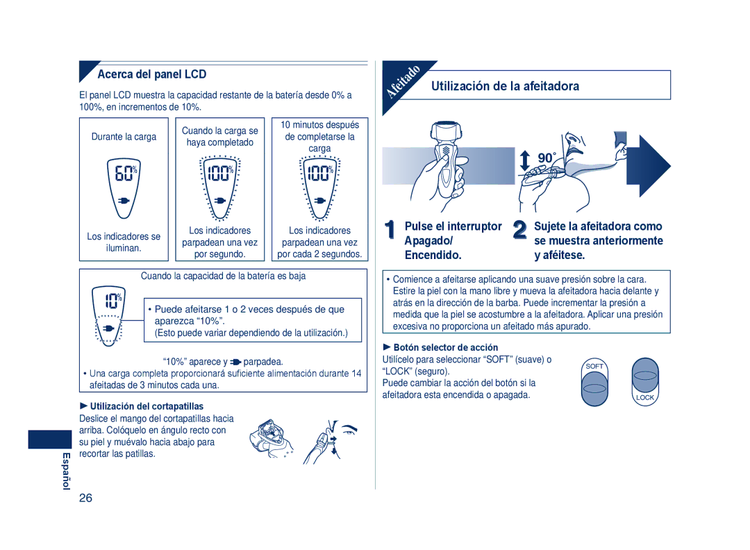 Panasonic ES8109 Utilización de la afeitadora 90˚, Acerca del panel LCD, Pulse el interruptor, Apagado, Encendido Aféitese 