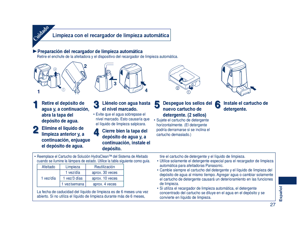 Panasonic ES8109 Limpieza con el recargador de limpieza automática, 1Preparación del recargador de limpieza automática 