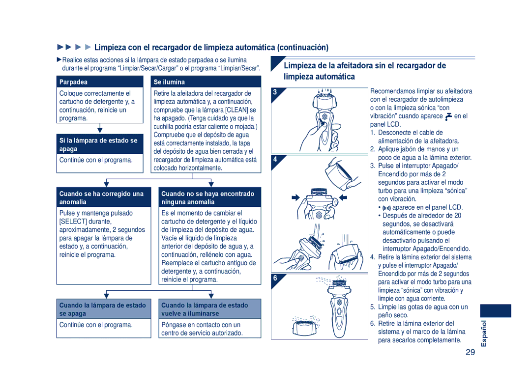 Panasonic ES8109 Continúe con el programa, Cuando la lámpara de estado se apaga, Limpie las gotas de agua con un paño seco 