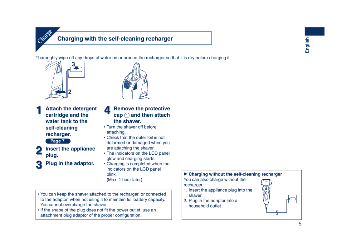 Panasonic ES8109 operating instructions Charging with the self-cleaning recharger 