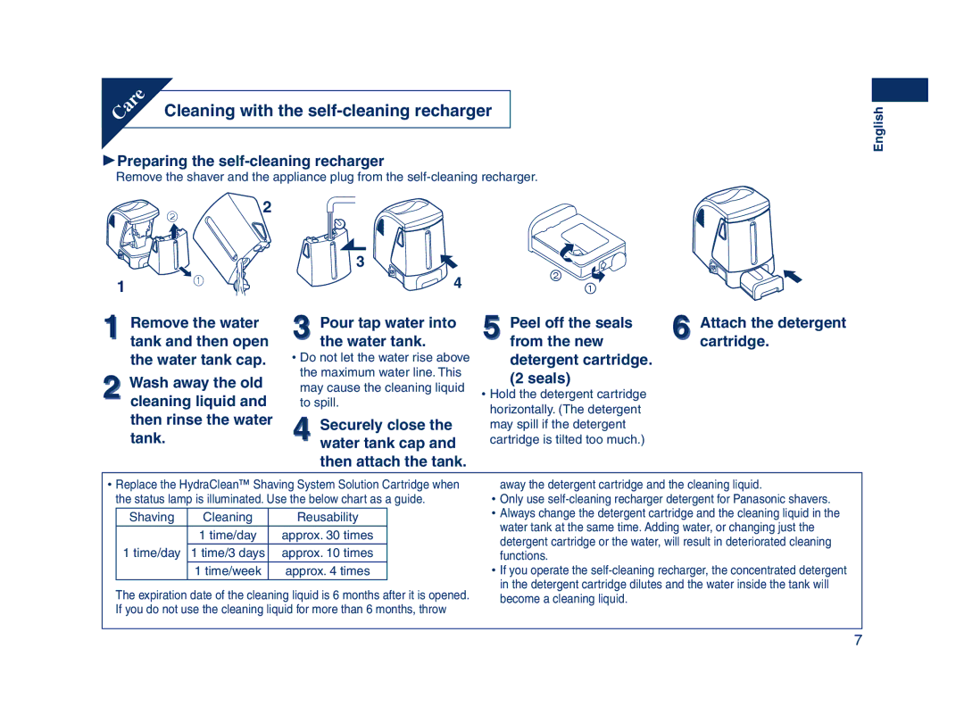 Panasonic ES8109 operating instructions Cleaning with the self-cleaning recharger, 1Preparing the self-cleaning recharger 