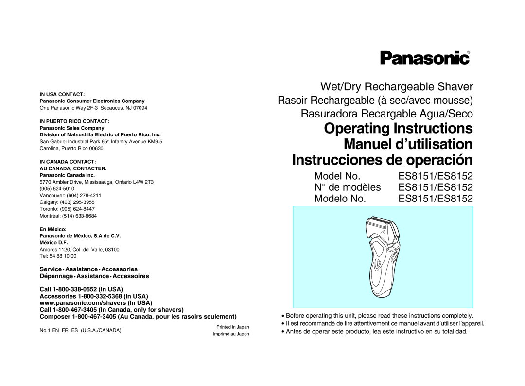 Panasonic ES8152, ES8151 operating instructions Rasuradora Recargable Agua/Seco 