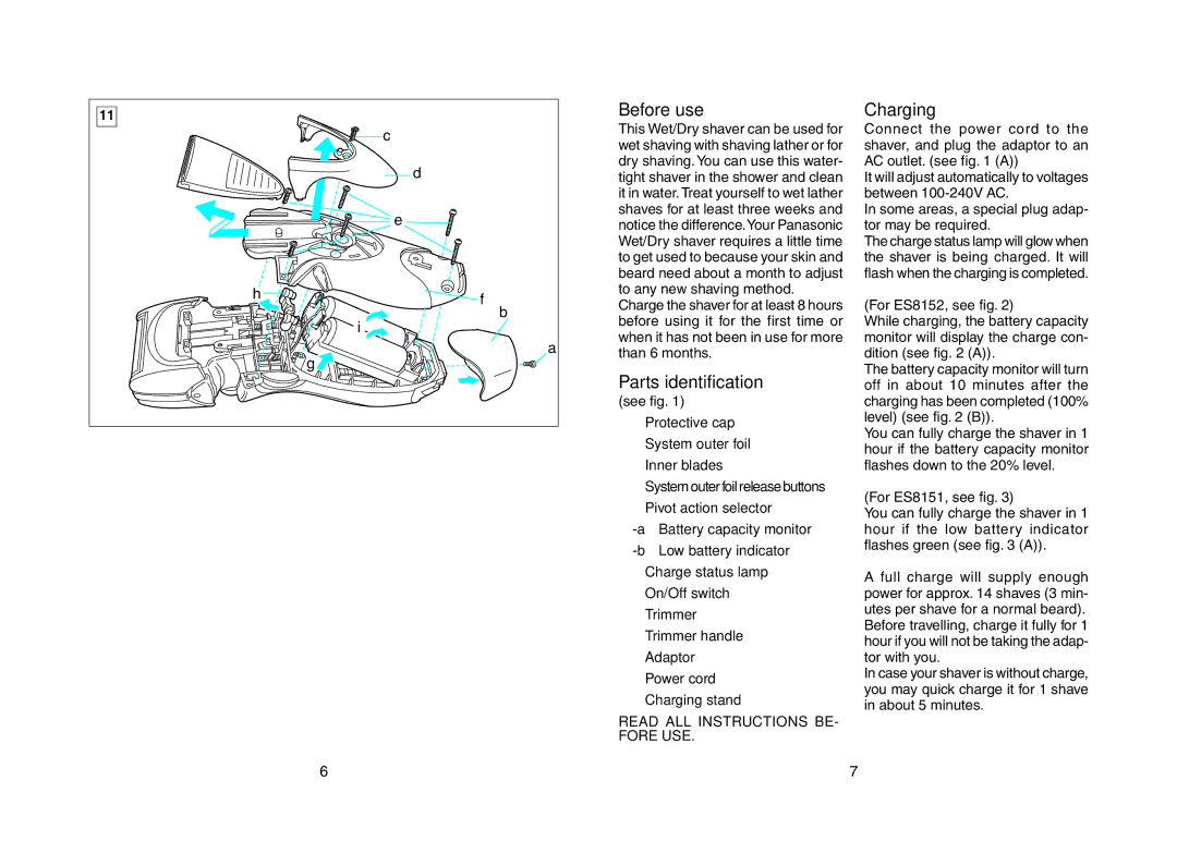 Panasonic ES8151 Before use, Parts identification, Charging, See fig, Protective cap System outer foil Inner blades 