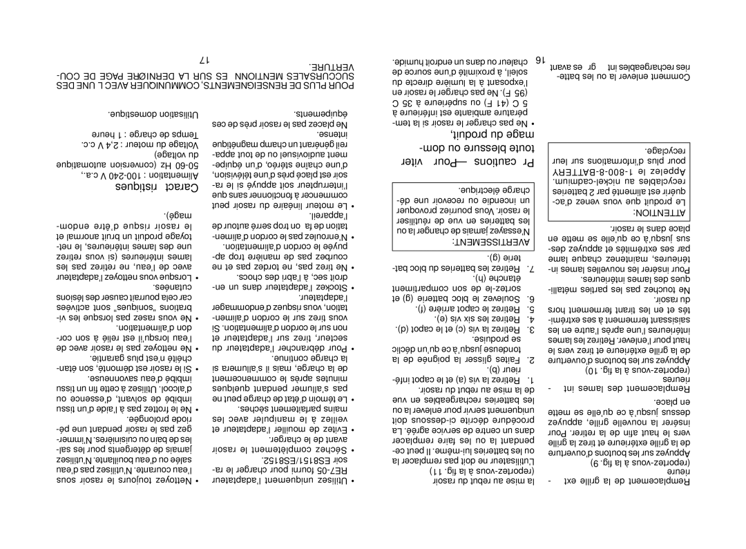 Panasonic ES8152, ES8151 Caractéristiques, Remplacement de la grille exté- rieure, Remplacement des lames inté- rieures 