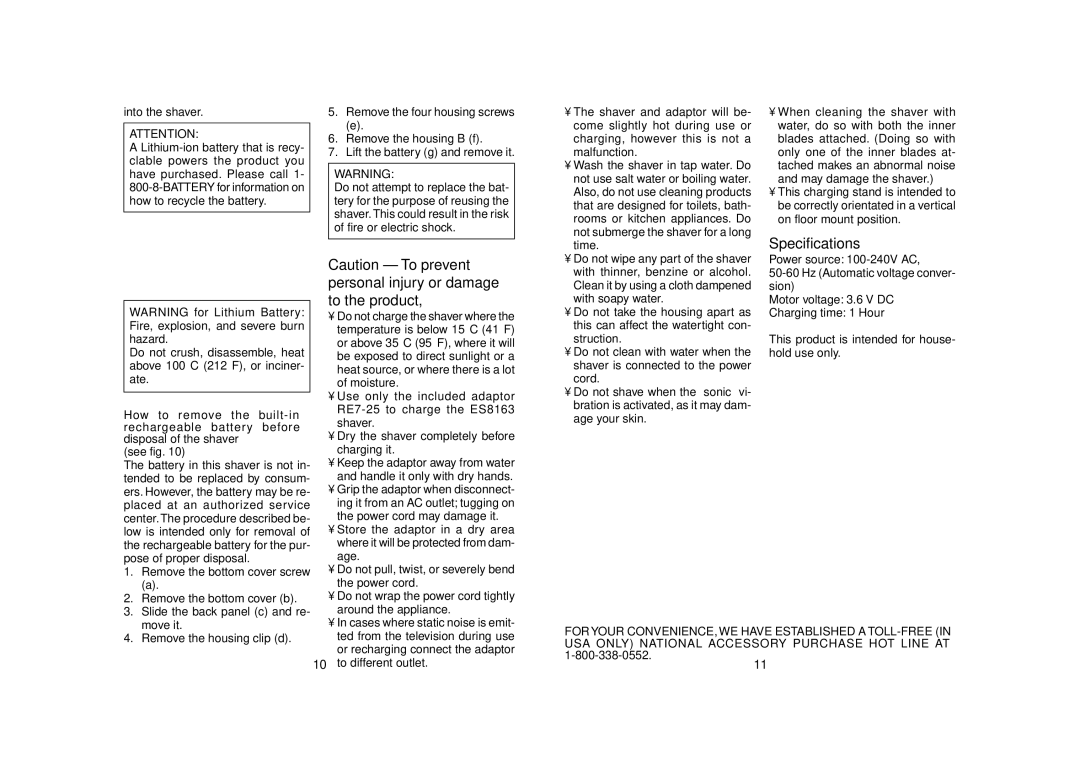 Panasonic ES8163 operating instructions Specifications 