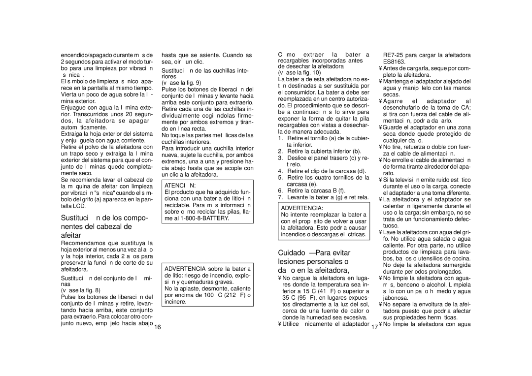 Panasonic ES8163 Sustitución de los compo- nentes del cabezal de afeitar, Cuidado Para evitar, Lesiones personales o 