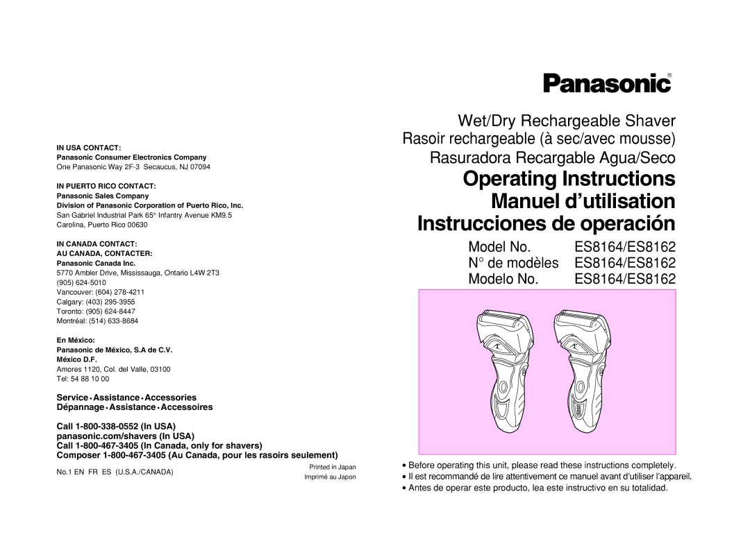 Panasonic ES8162, ES8164 operating instructions Rasuradora Recargable Agua/Seco 