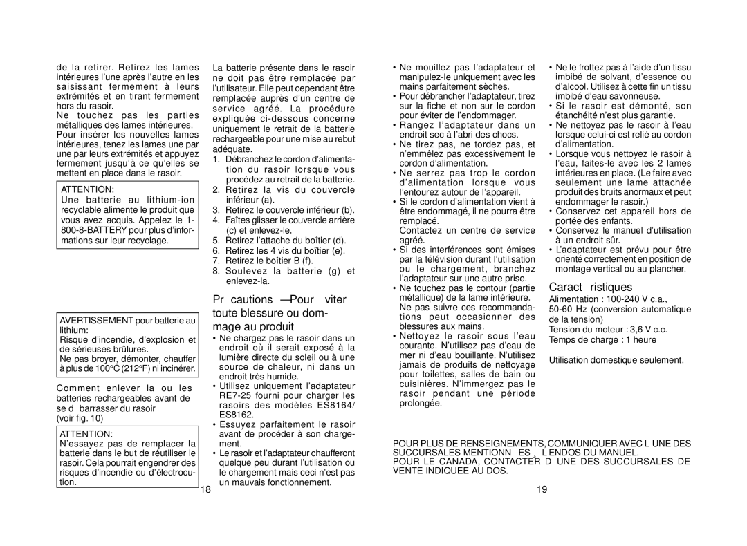 Panasonic ES8164, ES8162 operating instructions Caractéristiques 