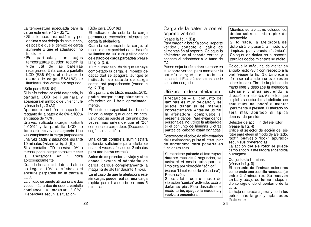 Panasonic ES8164, ES8162 Carga de la batería con el soporte vertical, Utilización de su afeitadora, Conjunto de láminas 