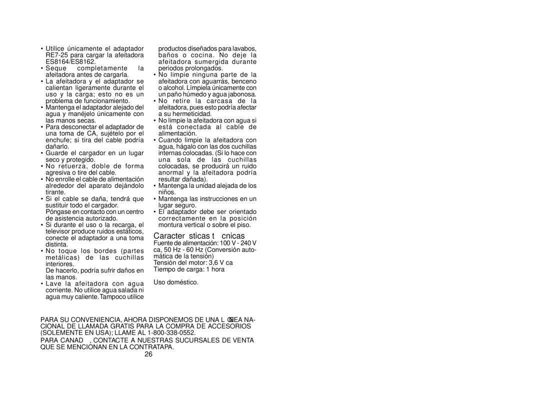 Panasonic ES8164, ES8162 operating instructions Características técnicas 