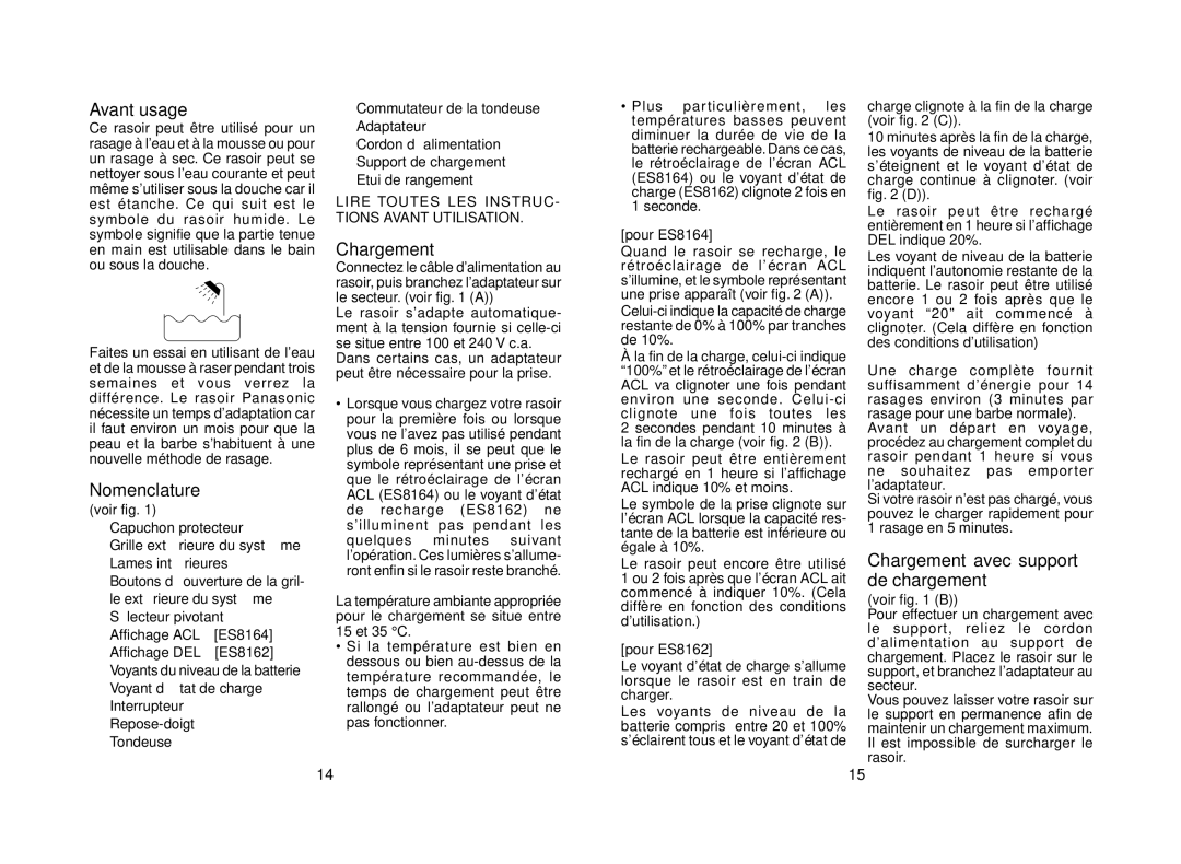 Panasonic ES8164, ES8162 Avant usage, Nomenclature, Chargement avec support de chargement, Capuchon protecteur 