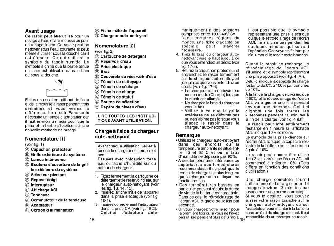 Panasonic ES8168, ES8167 Avant usage, Nomenclature, Charge à l’aide du chargeur auto-nettoyant, Capuchon protecteur 