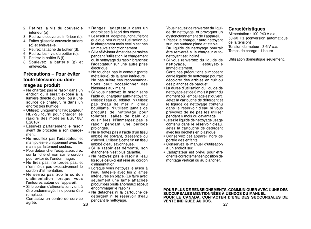 Panasonic ES8168, ES8167 operating instructions Caractéristiques 